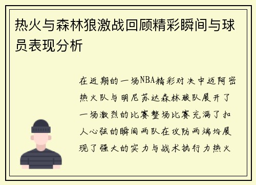 热火与森林狼激战回顾精彩瞬间与球员表现分析