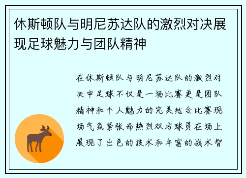 休斯顿队与明尼苏达队的激烈对决展现足球魅力与团队精神