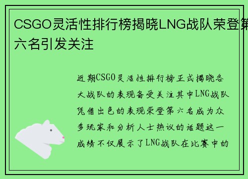 CSGO灵活性排行榜揭晓LNG战队荣登第六名引发关注