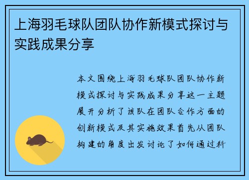 上海羽毛球队团队协作新模式探讨与实践成果分享