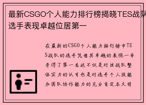 最新CSGO个人能力排行榜揭晓TES战队选手表现卓越位居第一
