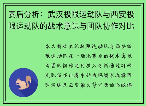 赛后分析：武汉极限运动队与西安极限运动队的战术意识与团队协作对比