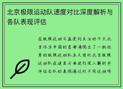 北京极限运动队速度对比深度解析与各队表现评估