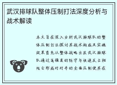 武汉排球队整体压制打法深度分析与战术解读