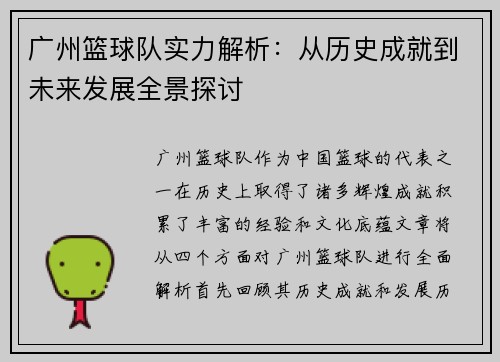 广州篮球队实力解析：从历史成就到未来发展全景探讨