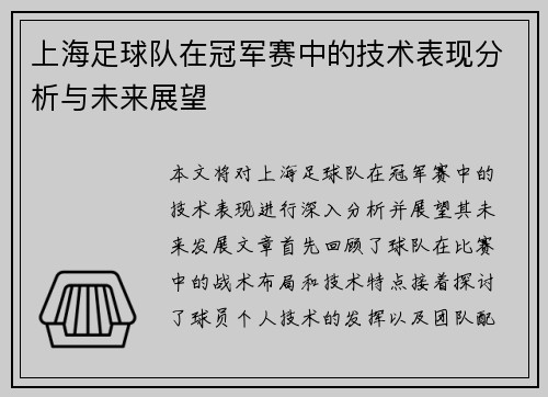 上海足球队在冠军赛中的技术表现分析与未来展望